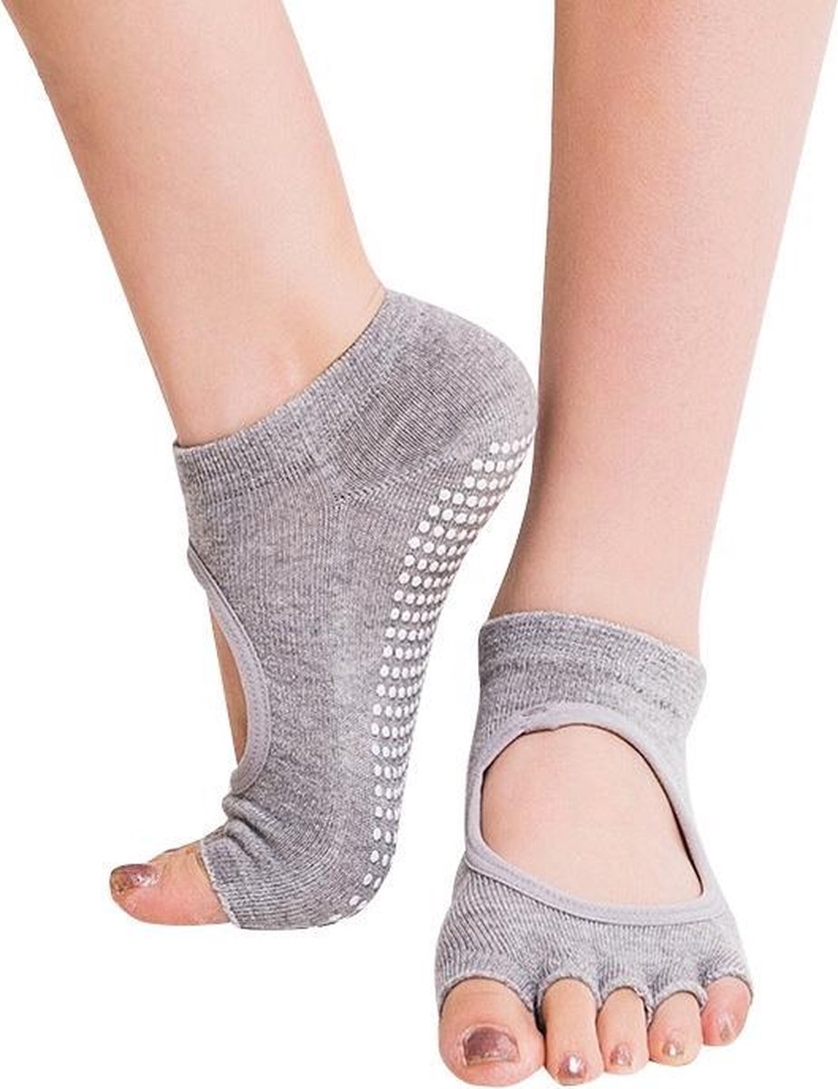 One Pair Open Toe Open Instep Anti-slip Sports Female Yoga Socks Size: 34 - 39 (EUR) (Light Grey)
