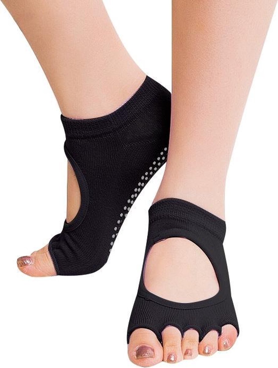 One Pair Open Toe Open Instep Anti-slip Sports Female Yoga Socks Size: 34 - 39 (EUR)(Black)