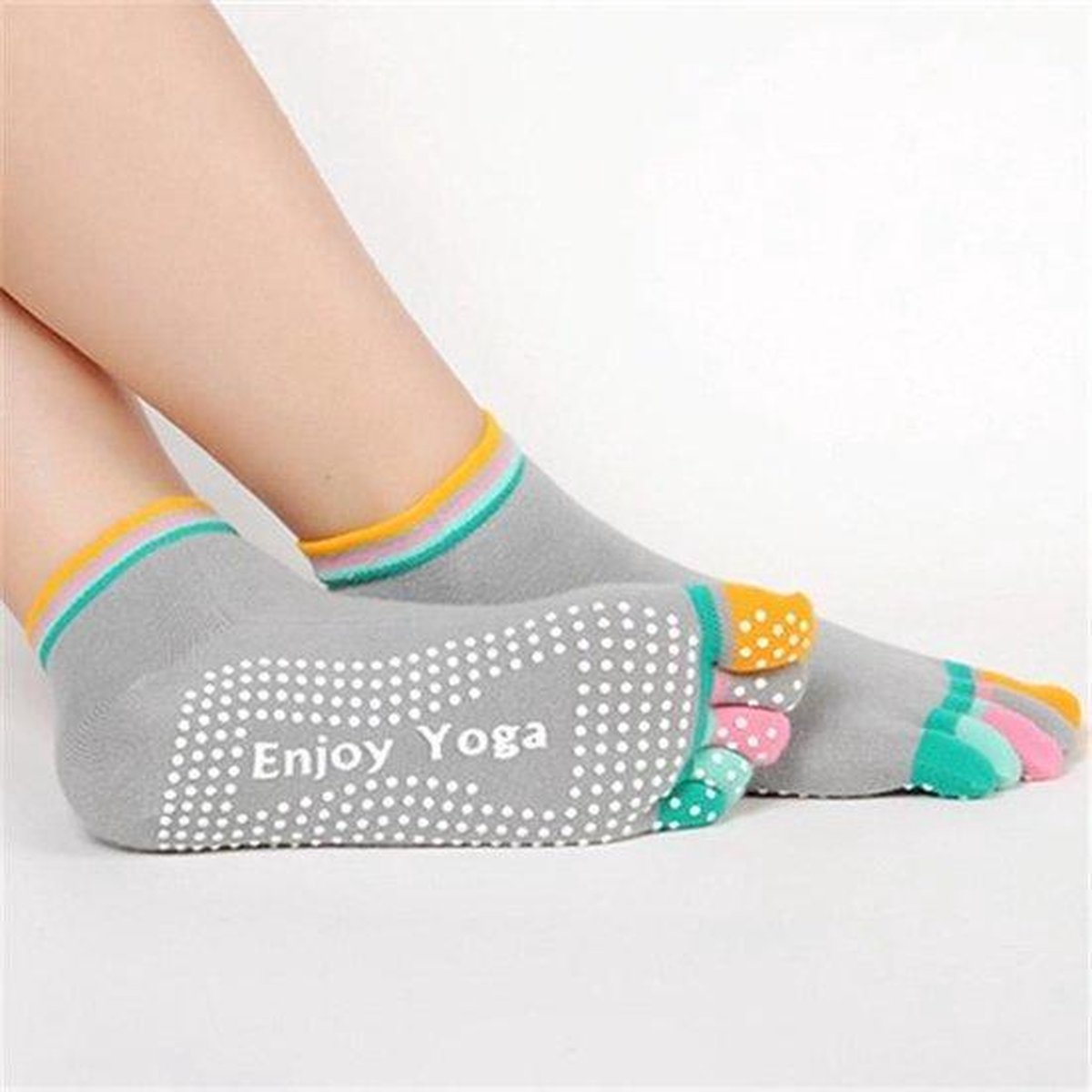 Winkrs - Yoga sokken met antislip - grijs met gekleurde tenen - Maat 36 tot 39