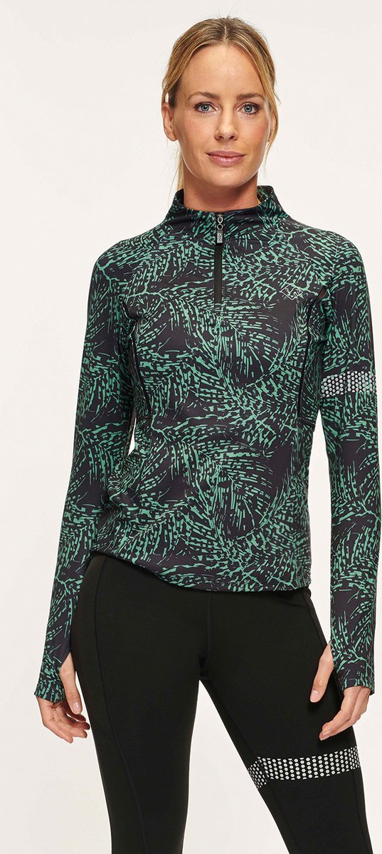 Active panther julia zip leo top in de kleur groen, dames loopshirt sport training shirt met lange mouwen,
