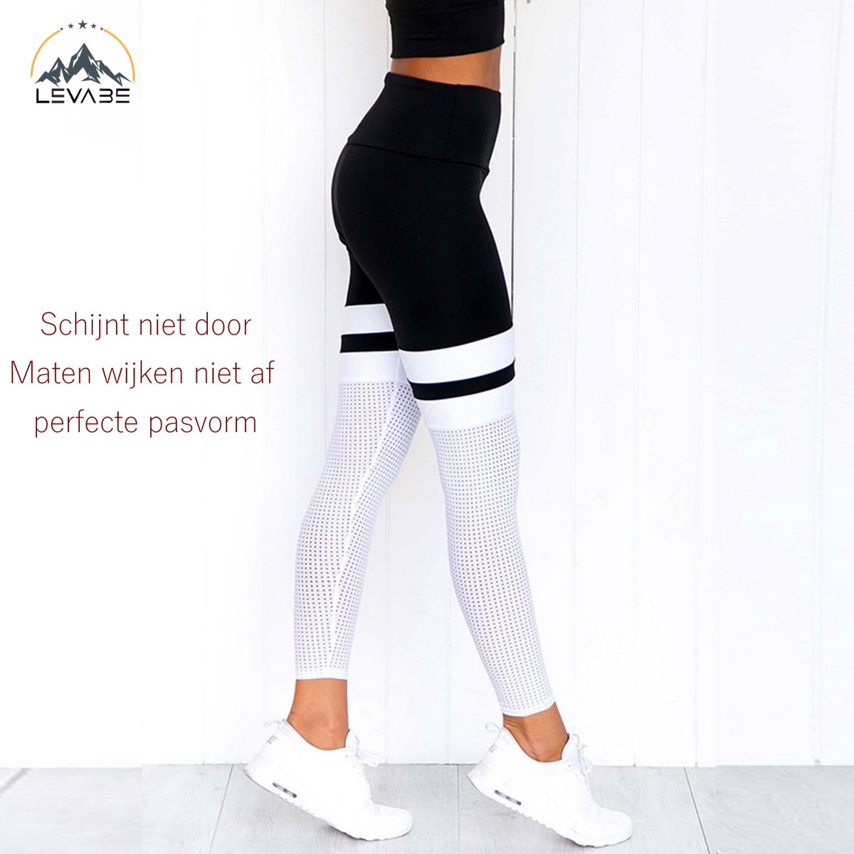 Levabe Dames Sportlegging - Yoga pants - Gym suit - elastische band - sportkleding - hardloop - legging - Fitness - Zwart/wit - Maat M