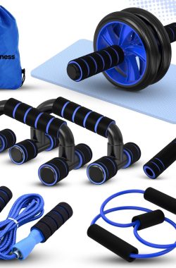 MyFitness Fitness set 6 in 1 – Opdruksteunen – Push up bars – Ab roller – Springtouw – Weerstandsbanden – Yoga mat – Thuis fitness – Blauw