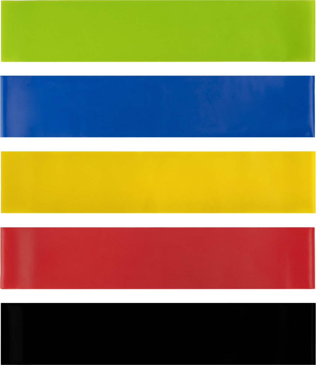 RYZOR Weerstandsbanden set van 5 - Resistance band voor benen en billen - Fitness elastiek - Fitnessband - Trainingsband - Gymnastiekband - Workout voor fitness, krachttraining en thuissporten - Elastiek - groen, blauw, geel, rood en zwart