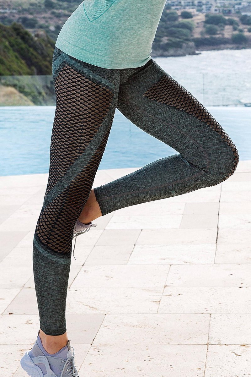 Sportlegging Joy | Sportbroek Dames | Fitness Legging | Yoga Legging - GROEN GRIJS MELANGE - Maat XL