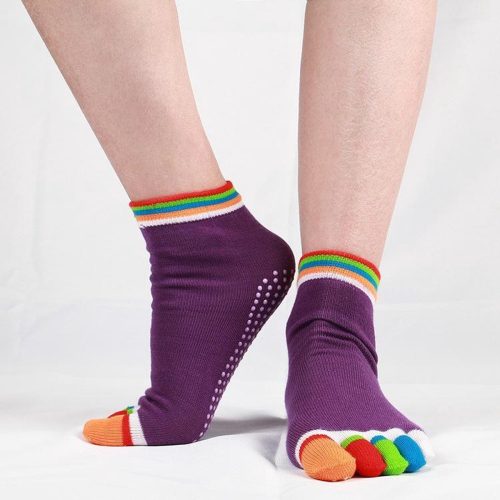 Yoga sport Sokken met ingenaaide tenen - Paars met regenboog kleuren