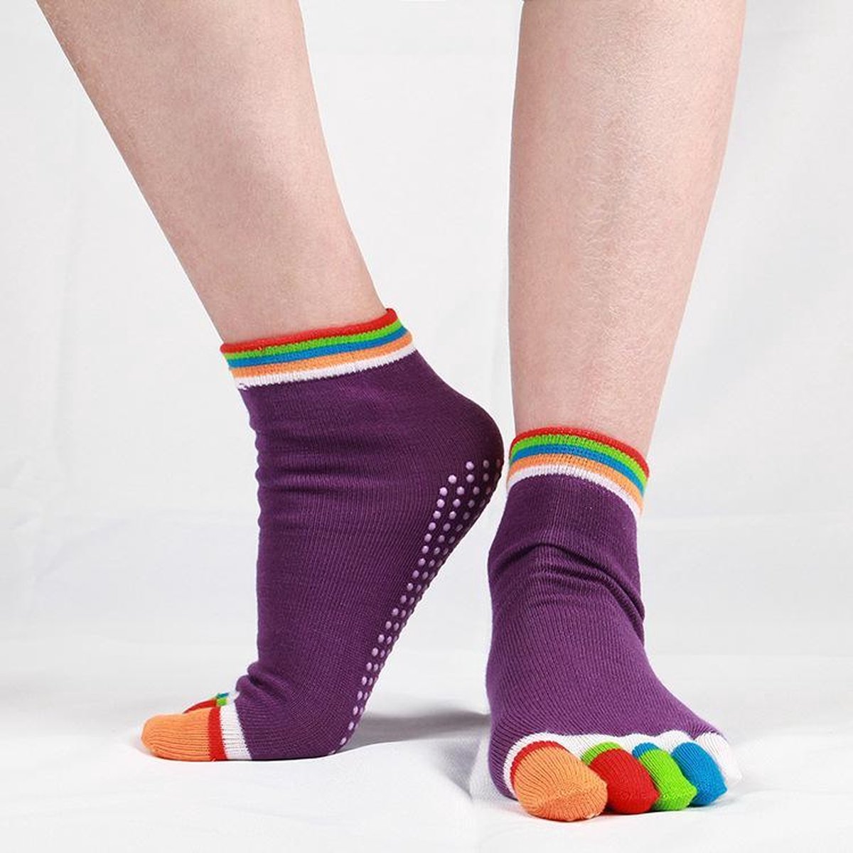 Yoga sport Sokken met ingenaaide tenen - Paars met regenboog kleuren