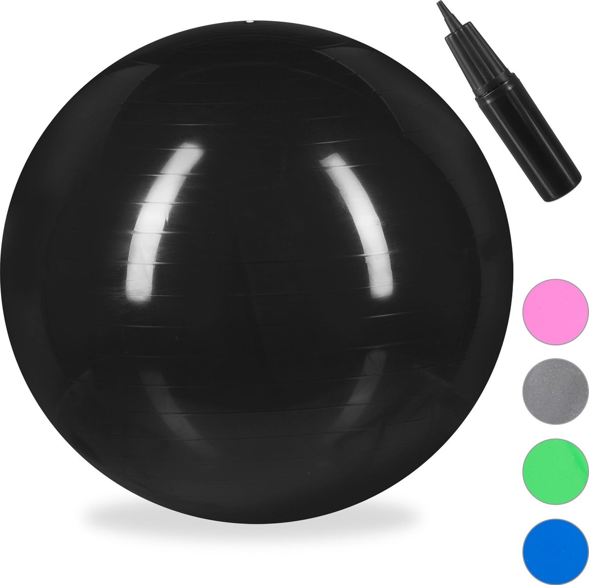 Relaxdays fitnessbal 65 cm - gymbal - zitbal - yogabal - pilatesbal - met pompje - PVC - zwart