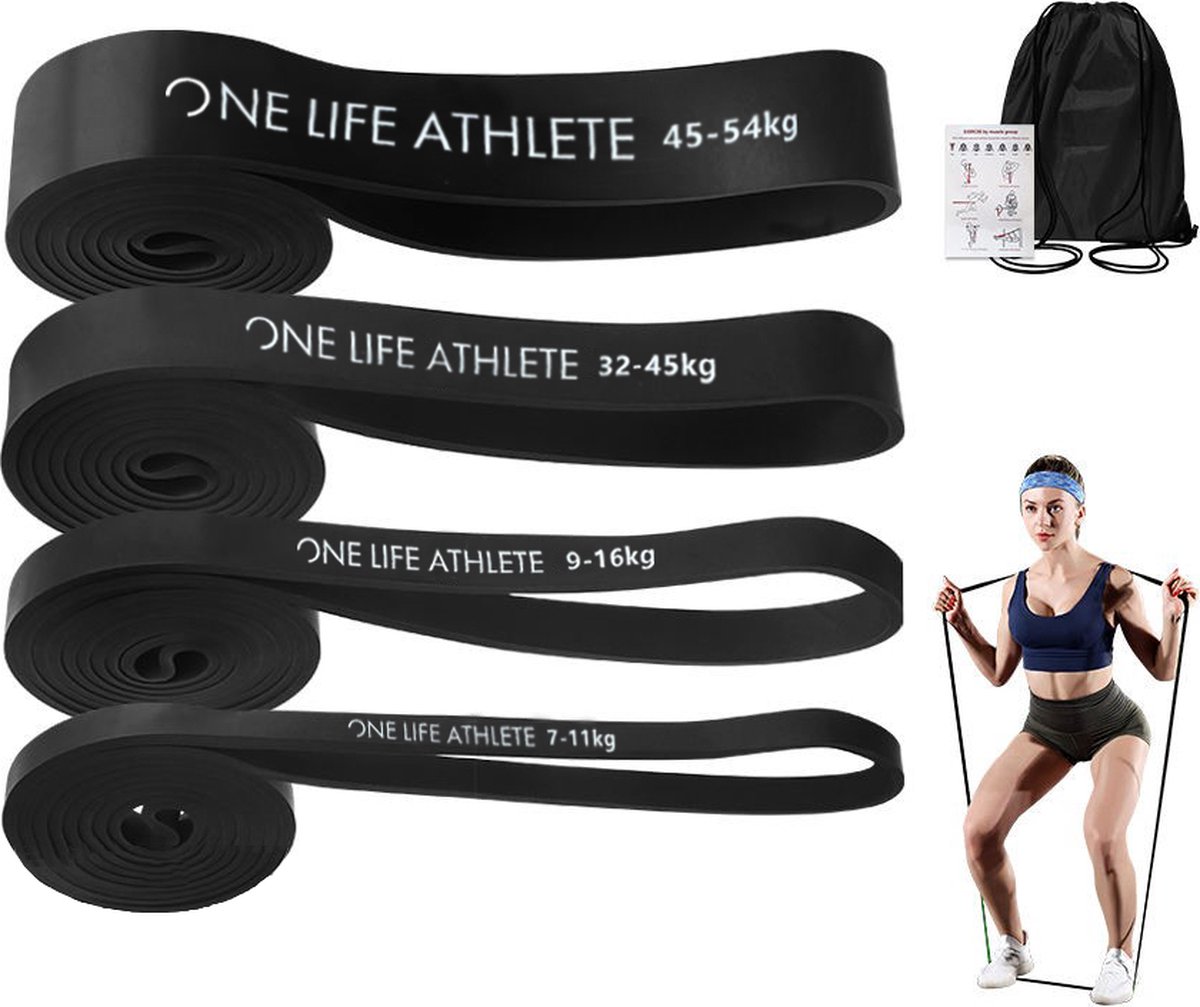 One Life Athlete Weerstandsbanden - Pull up bands - Power bands - Set van 4 banden - Fitness elastiek - Pull up Pack Crossfit - Powerlifting banden - Fitness - Workout - Inclusief draagtas