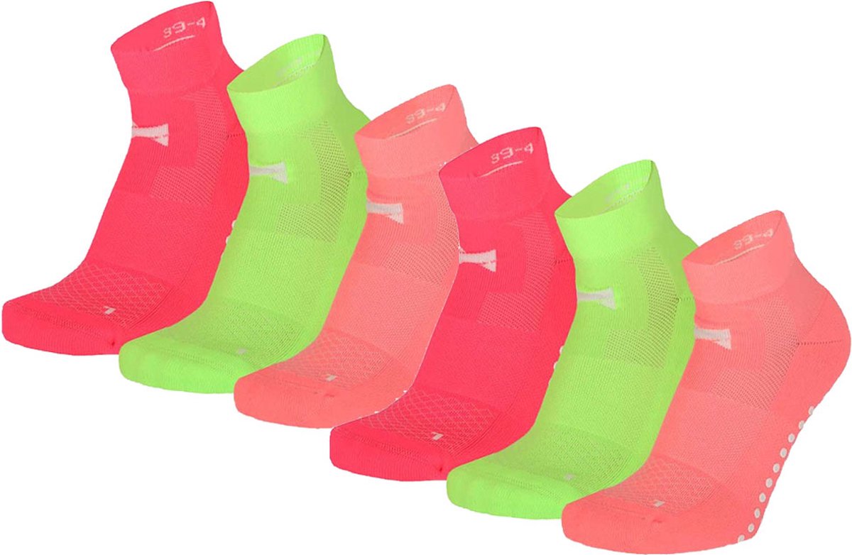 Xtreme Yoga Sokken Neon Roze / Groen / Oranje - 6 paar - Pilates sokken - Antislip - Anatomisch voetbed - Maat 39/42