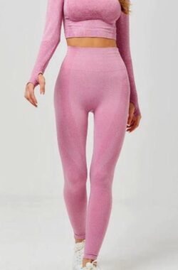 Sport outfit | high waist legging | crop top met lange mouw | naadloos | squatproof | roze | L