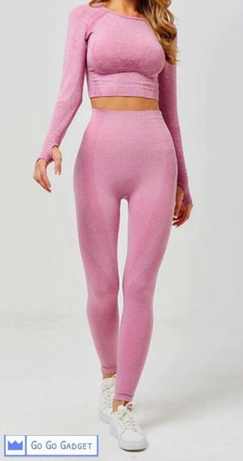 Sport outfit | high waist legging | crop top met lange mouw | naadloos | squatproof | roze | S