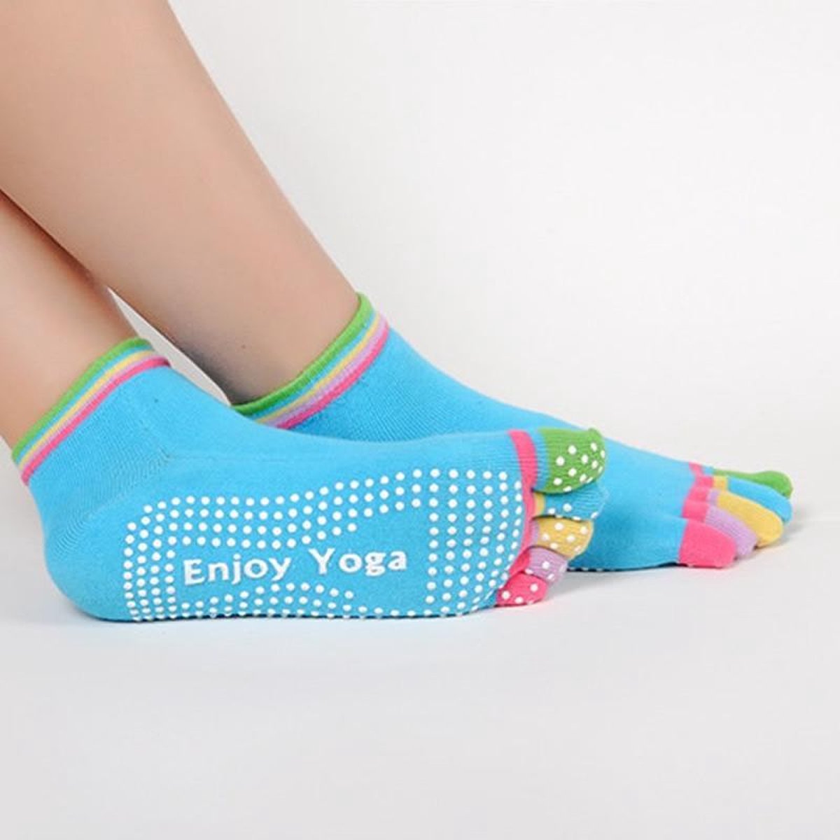 Yoga sokken met antislip - aqua blauw met gekleurde tenen - maat 36 tot 40