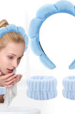 Bekecidi 3-delige spa-set met hoofdband, polsband, wasband, make-uphoofdband en polsband voor gezichtsreiniging, huidverzorging, microvezel polswashanddoek, haarbanden, haaraccessoires voor dames, meisjes (blauw)