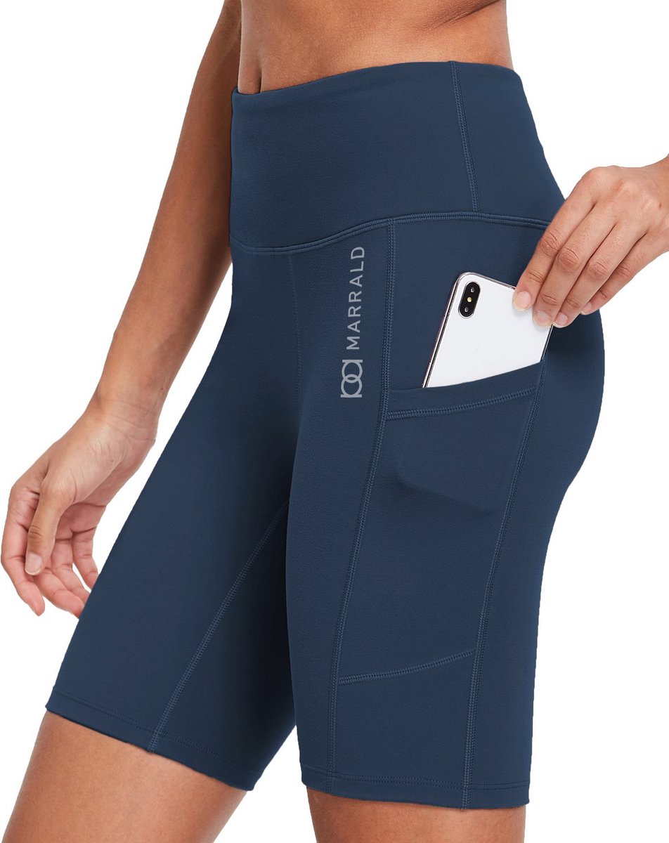 Marrald High Waist Pocket Shorts - Biker Yoga Hardlopen Korte Legging Broek Dames Fitness Sportlegging - Blauw XL