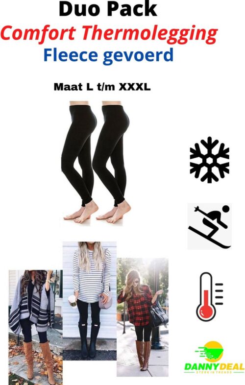 2-Pack Comfort Thermolegging - Maat L t/m XXXL - Duo Pack - Thermobroek - Ondergoed - Outdoor - Wintersport - Warme Legging - Fleece gevoerd - Figuur Corrigerend - Shape Wear - Zwart