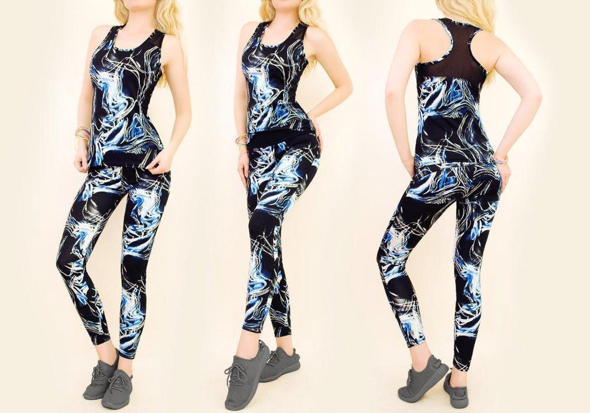 Komplet Sportset voor dames maat M/L Slim & Fitness Tank Top + legging (zwart/blauw)
