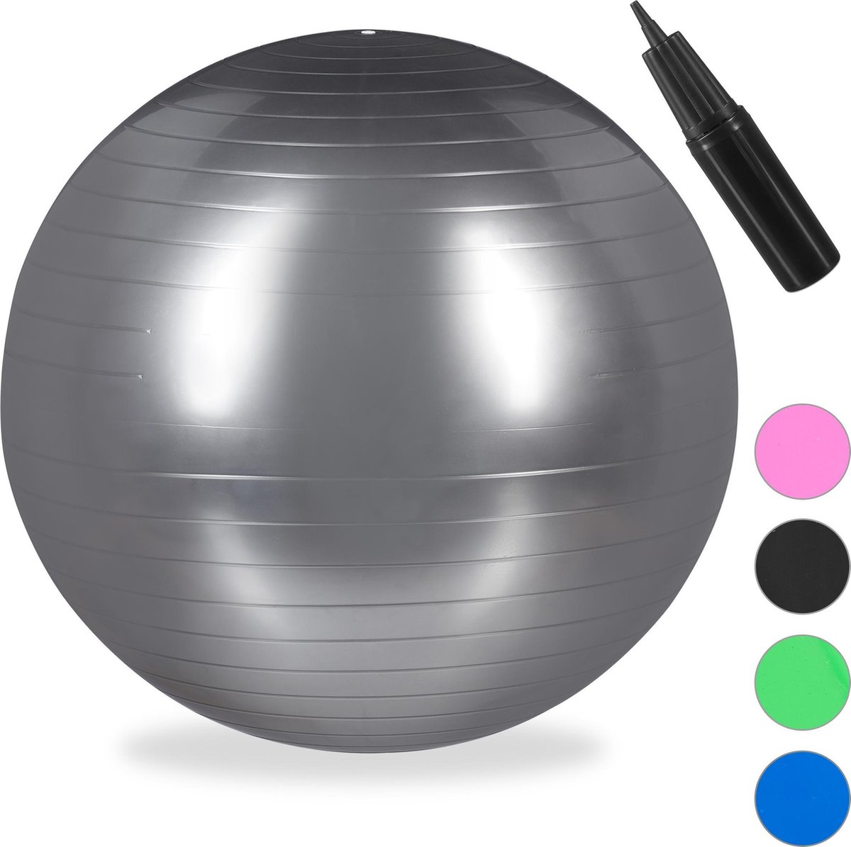 Relaxdays fitnessbal 55 cm - met pompje - gymbal - zitbal - yogabal - pilatesbal - PVC - zilver