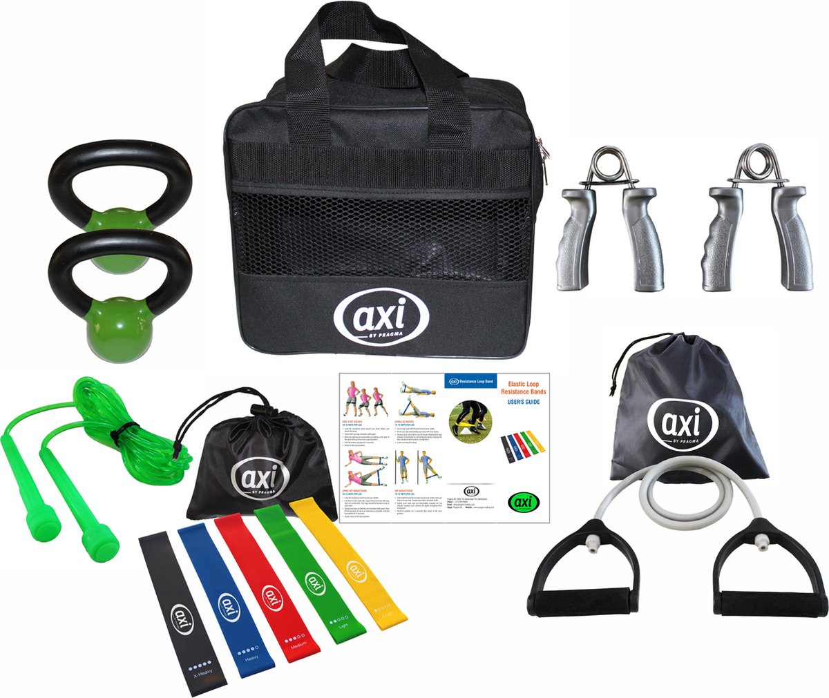 AXI Fitness Bag - Tas met Weerstandsbanden - Weerstandskabel - Handtrainer - Kettlebells en Springtouw - Complete Fitnessset voor Kracht, Uithoudingsvermogen en Flexibiliteit