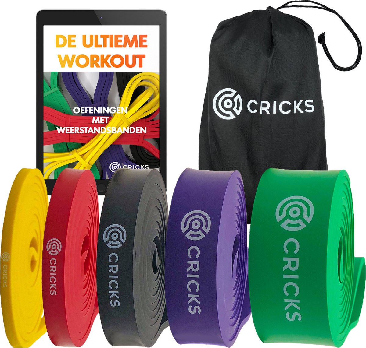 CRICKS - Set van 5 Weerstandsbanden - Resistance Band - Fitness Elastieken - Krachttraining - Full Body Workout - Incl. Ebook met Oefeningen