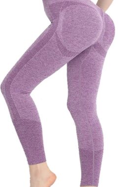 Gym Leggings voor Vrouwen, Hoge Taille Naadloze Workout Yoga Broek, Fitness Scrunch Butt Lifting Elastische Panty – kleur paars – maat L