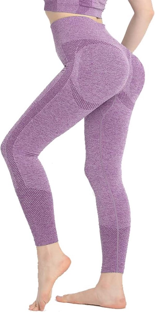 Gym Leggings voor Vrouwen, Hoge Taille Naadloze Workout Yoga Broek, Fitness Scrunch Butt Lifting Elastische Panty - kleur paars - maat L