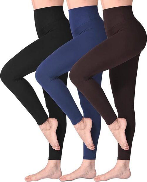 Legging met Hoge Taille voor Vrouwen - Boterachtig Zacht Niet Transparante Legging Voor Buikcontrole, Plus-maat Workout Gym Yoga Rekbare Broek - set van 3 - kleuren zwart/marineblauw/donker bruin - maat L,XL