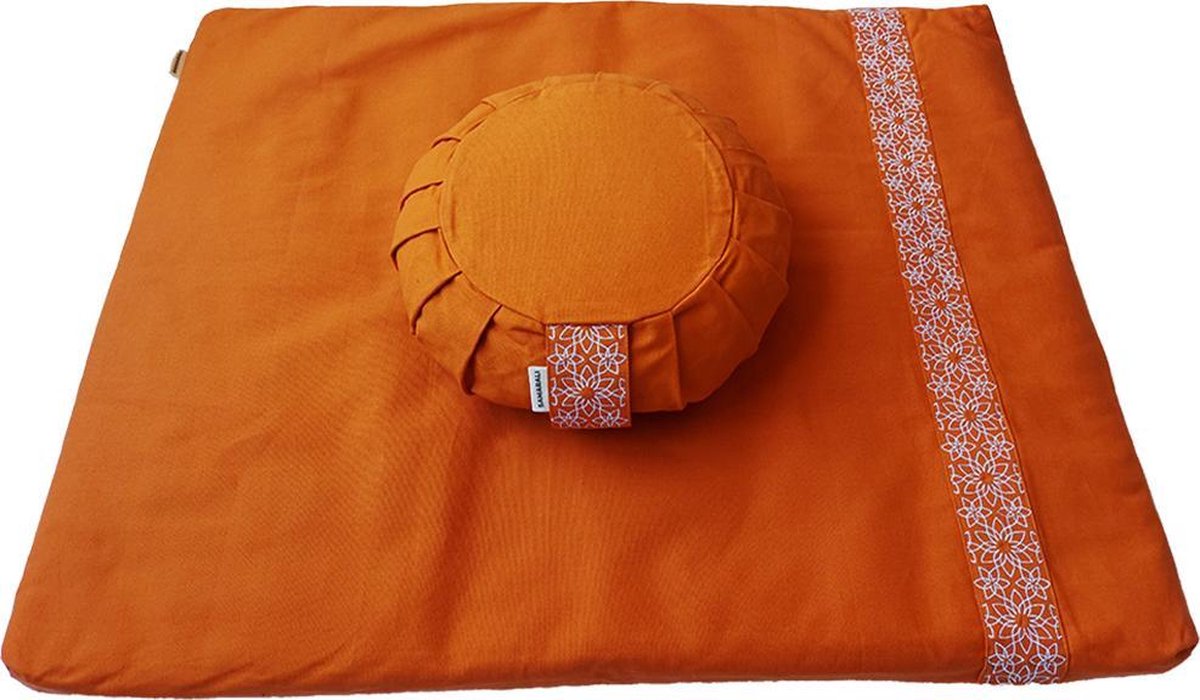 Meditatieset met kussen zafu (Oranje) |Meditatiemat Zabuton en meditatiekussen zafu|ethisch geproduceerd van 100% biologisch katoen (GOTS gecertificeerd) | Heeft 2 lagen | Verkrijgbaar in 6 natuurlijke kleuren