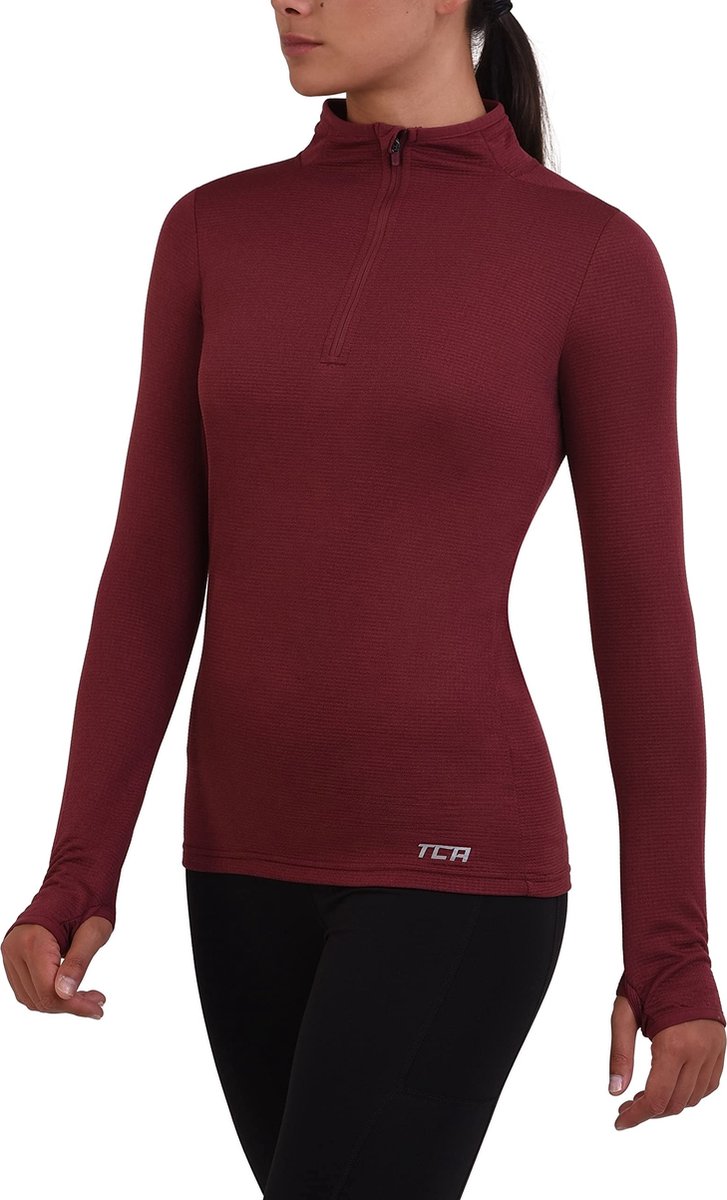 TCA Sportshirt voor dames, lange mouwen, loopshirt, 1/2 ritssluiting, fitness, yoga, shirt met lange mouwen, Cabernet, L