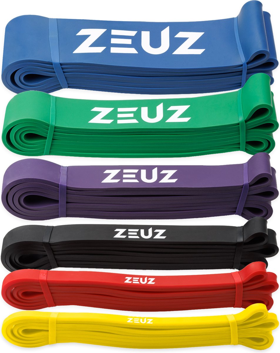 ZEUZ® 6 Stuks Weerstandsbanden Elastieken Set - Resistance Stretch Power Bands voor Pull Ups, Krachttraining & Stretching - Fitness & CrossFit Elastiek - Geel, Rood, Zwart, Paars, Groen & Blauw