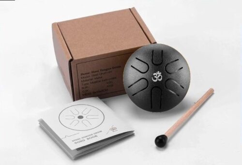 Handpan - Draagbaar 8cm ø - Zwart - Incl. Steel Tongue Drum Boek & Drumstok - 6 Noten - Yoga & Meditatie - Klankschaal - Hang Drum