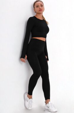 New Age Devi – Sport outfit – High Waist Squatproof Yoga legging – Crop Top met lange mouw – zwart – Maat Large