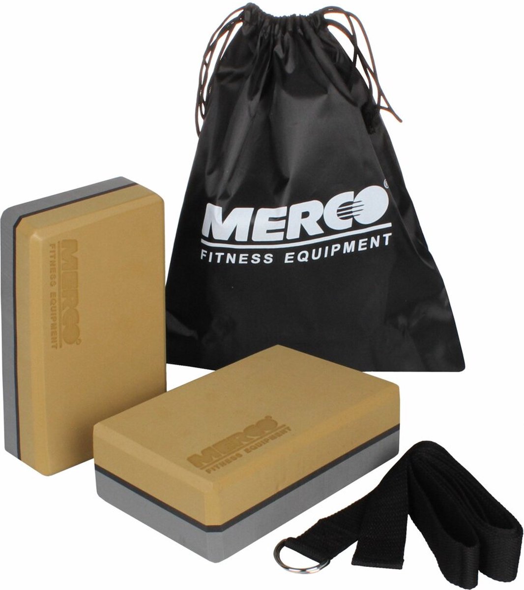 Merco Yoga blok set met yoga riem en handige draagtas - Grijs-Bruin