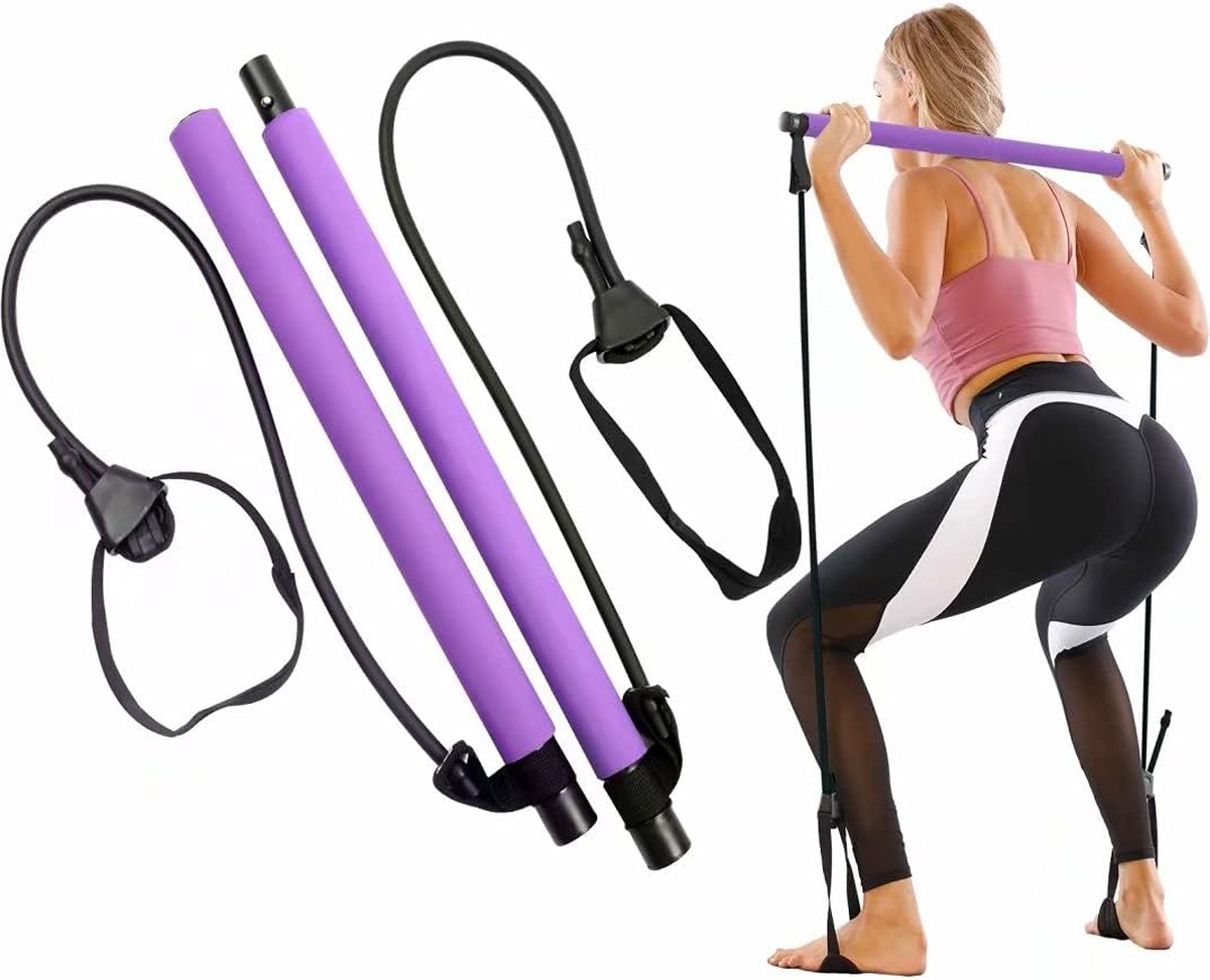 Pilates Bar Kit, met verstelbare weerstandsband, draagbare pilates trainingsbar stick voor rekken, yoga, vormen, trainen, sit-ups, afvallen