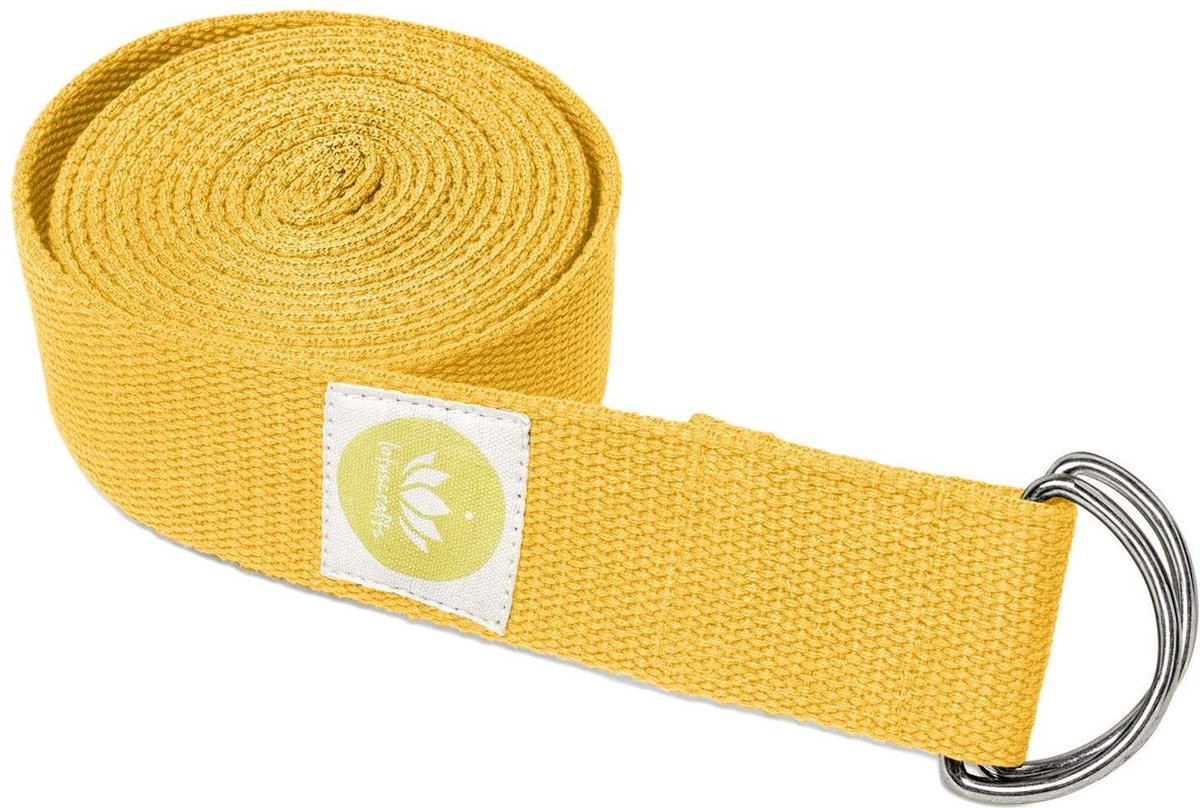 Yoga Riem Saffraan Geel - 100% BIO katoen (KBA) - GOTS - voor betere rek - voor beginners en gevorderden - yogariem met metalen sluiting [250 x 3,8 cm] - yoga belt - yoga gordel - yoga strap - stretch strap