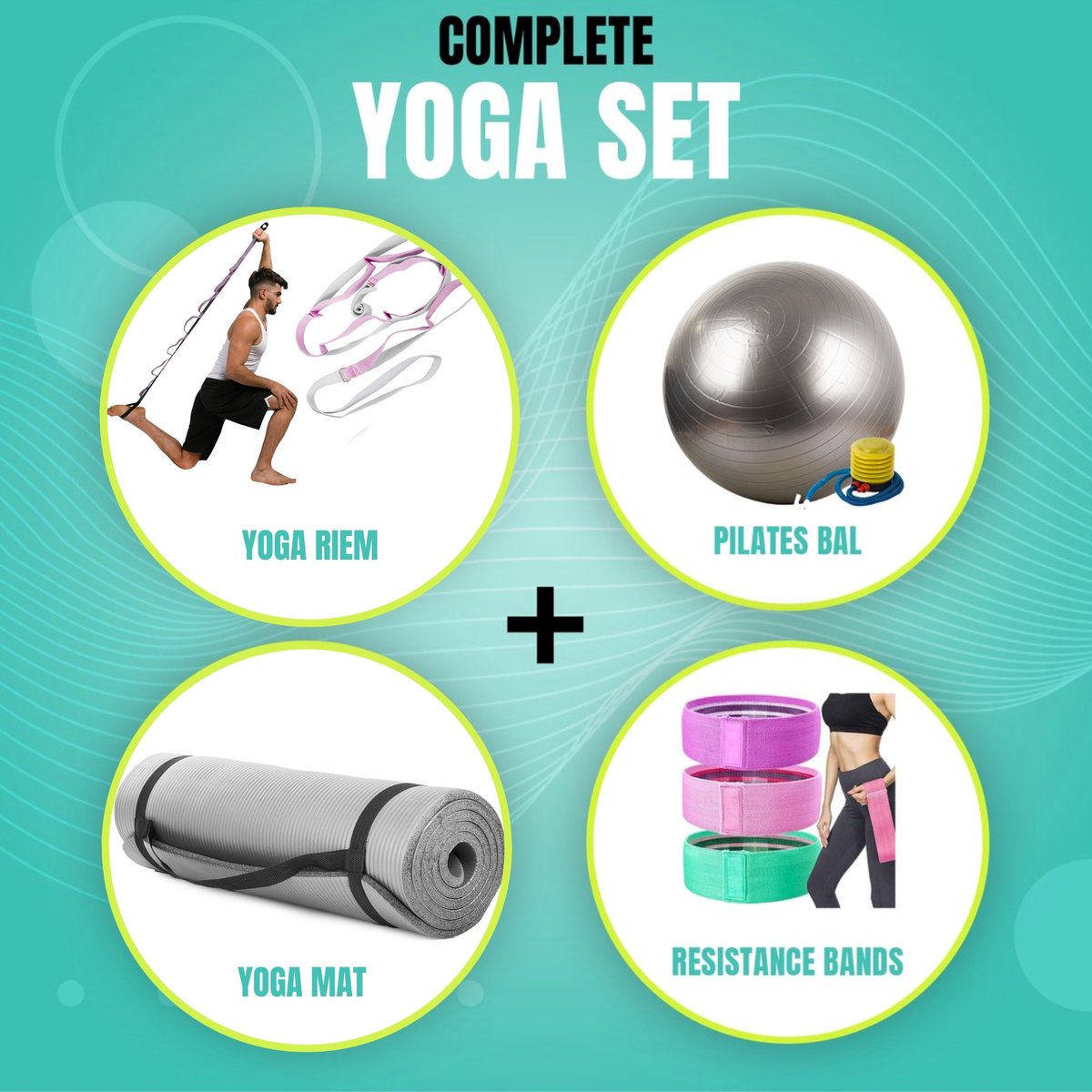 Yoga en Pilates set | inclusief Pilates bal - Fitnessmat - Weerstandsbanden - Yoga band - 4 delige set
