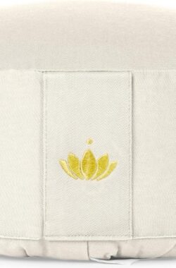 Yoga/meditatiekusjes, rond, lotus, zithoogte 15 cm, wasbare overtrek van katoen, yoga zitkussen met speltvulling, GOTS-gecertificeerd, met boordwerk, wit