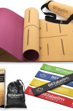 antislip kurk yogamat & TPE, inclusief fitnessbanden set van 5, draagriem & E-Book, 6 mm dik, extra brede, duurzame yogamat voor fitness, gymnastiek, pilates 183 x 66 x 0,6 cm