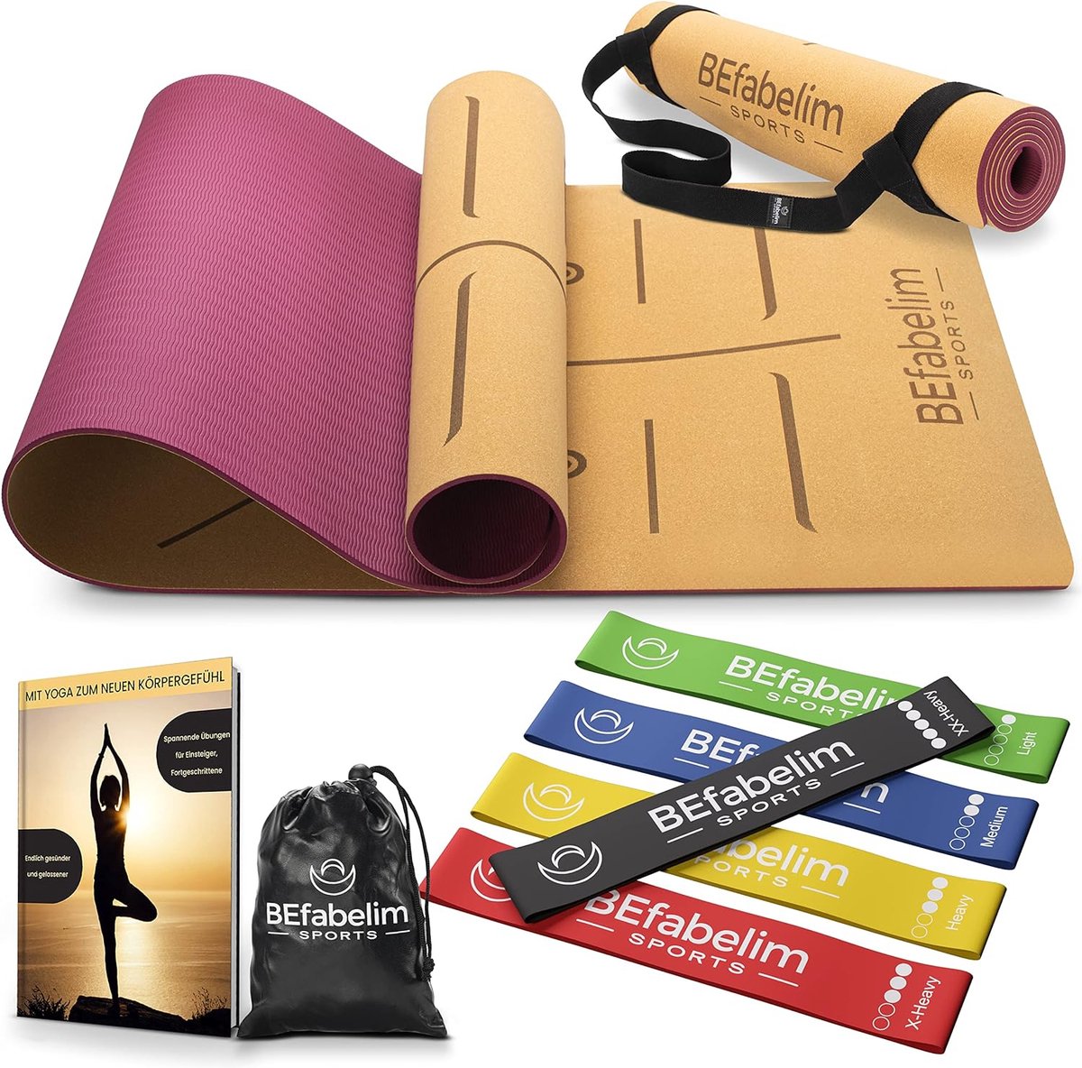 antislip kurk yogamat & TPE, inclusief fitnessbanden set van 5, draagriem & E-Book, 6 mm dik, extra brede, duurzame yogamat voor fitness, gymnastiek, pilates 183 x 66 x 0,6 cm