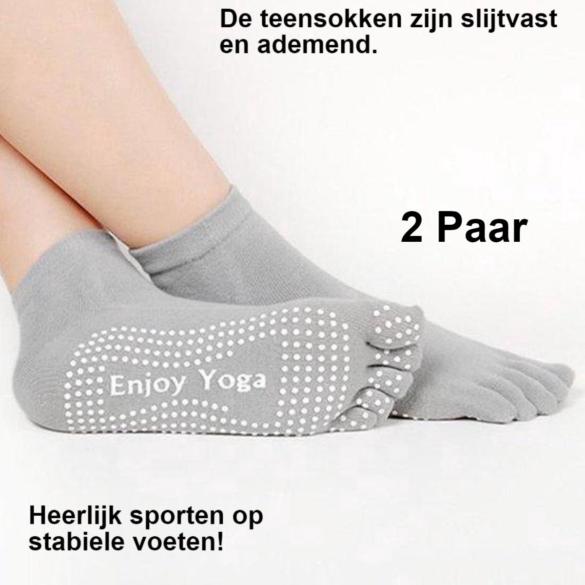 *** 2 Paar Yoga sokken met antislip - Grijs - Tenensokken - Sport sokken - maat 36 tot 40 - van Heble® ***