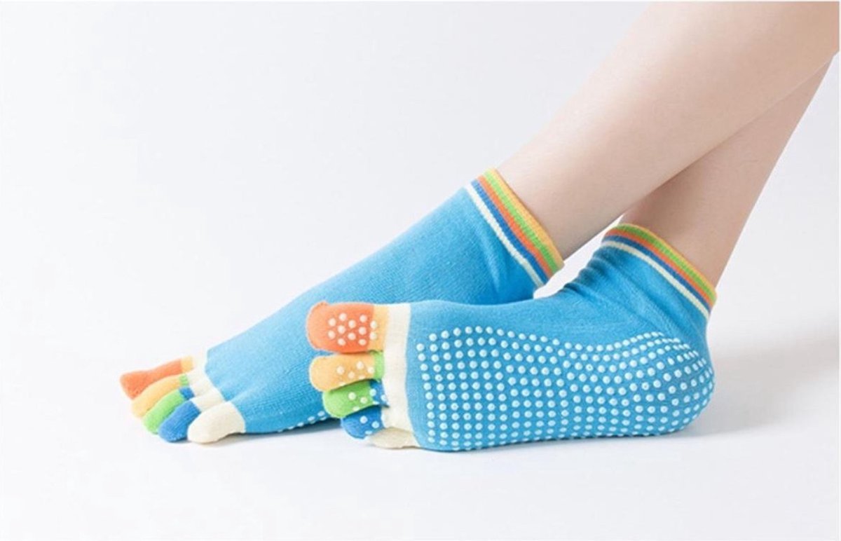 CHPN - Yogasokken - Sportsokken - Yoga - Antislip - Lichtblauw met gekleurde tenen - Vrolijke gekleurde sokken - Sokken - Yogasok - Teensokken - 36-40