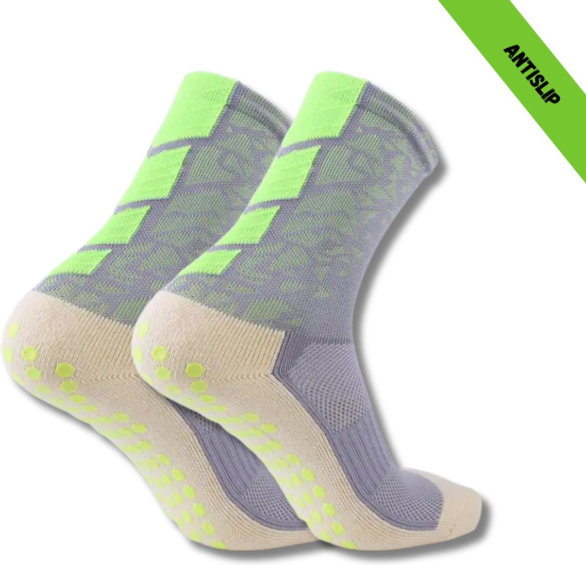 Gripsokken - Sportsokken - Gripsokken Voetbal - Gripsokken Voetbal Grijs/Neon - Grip Socks - Pilates Sokken - Yoga Sokken - Anti Blaren - One Size - Compressie