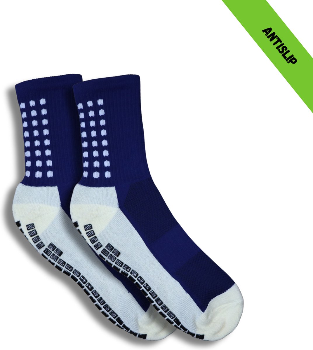 Gripsokken - Sportsokken - Gripsokken Voetbal - Gripsokken Voetbal Wit/Donkerblauw - Grip Socks - Pilates Sokken - Yoga Sokken - Anti Blaren - One Size - Compressie