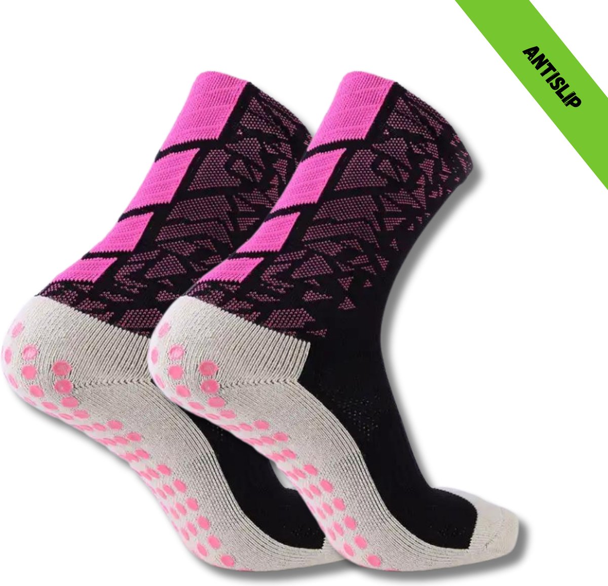 Gripsokken - Sportsokken - Gripsokken Voetbal - Gripsokken Voetbal Zwart/Roze- Grip Socks - Pilates Sokken - Yoga Sokken - Anti Blaren - One Size - Compressie
