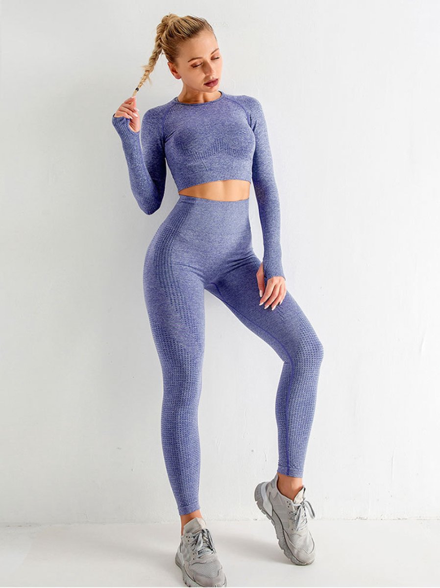 New Age Devi - Sport outfit - High Waist Squatproof Yoga legging - Crop Top met lange mouw - Paars - Maat Large