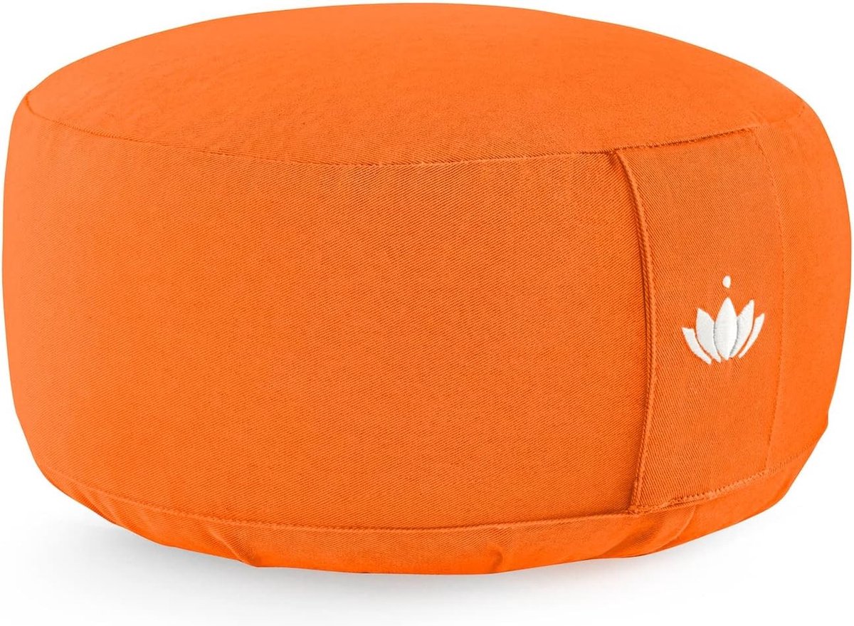 Yoga-meditatiekussen, rond, lotus, zithoogte 15 cm, wasbare overtrek van katoen, yoga-zitkussen met speltvulling,met borduurwerk, oranje