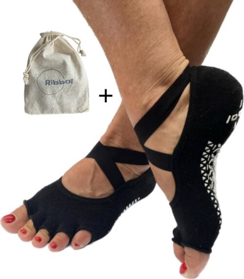 Yoga sokken anti-slip zonder tenen | pilates sokken | open tenen voor extra grip met gratis Ribbol cottonbag!