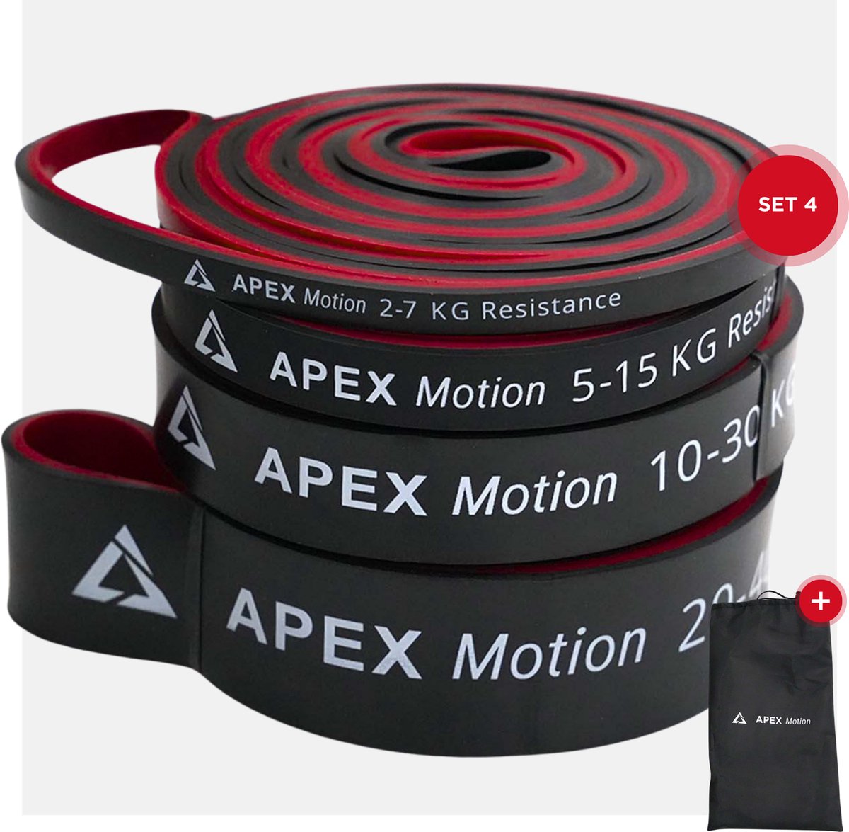 APEX Motion Premium Resistance Bands 4 Delige Set - Weerstandsbanden 2-40 KG - Powerbands - Tweelaags - 100% natuurlijk latex en huidveilig - incl GRATIS Draagtas