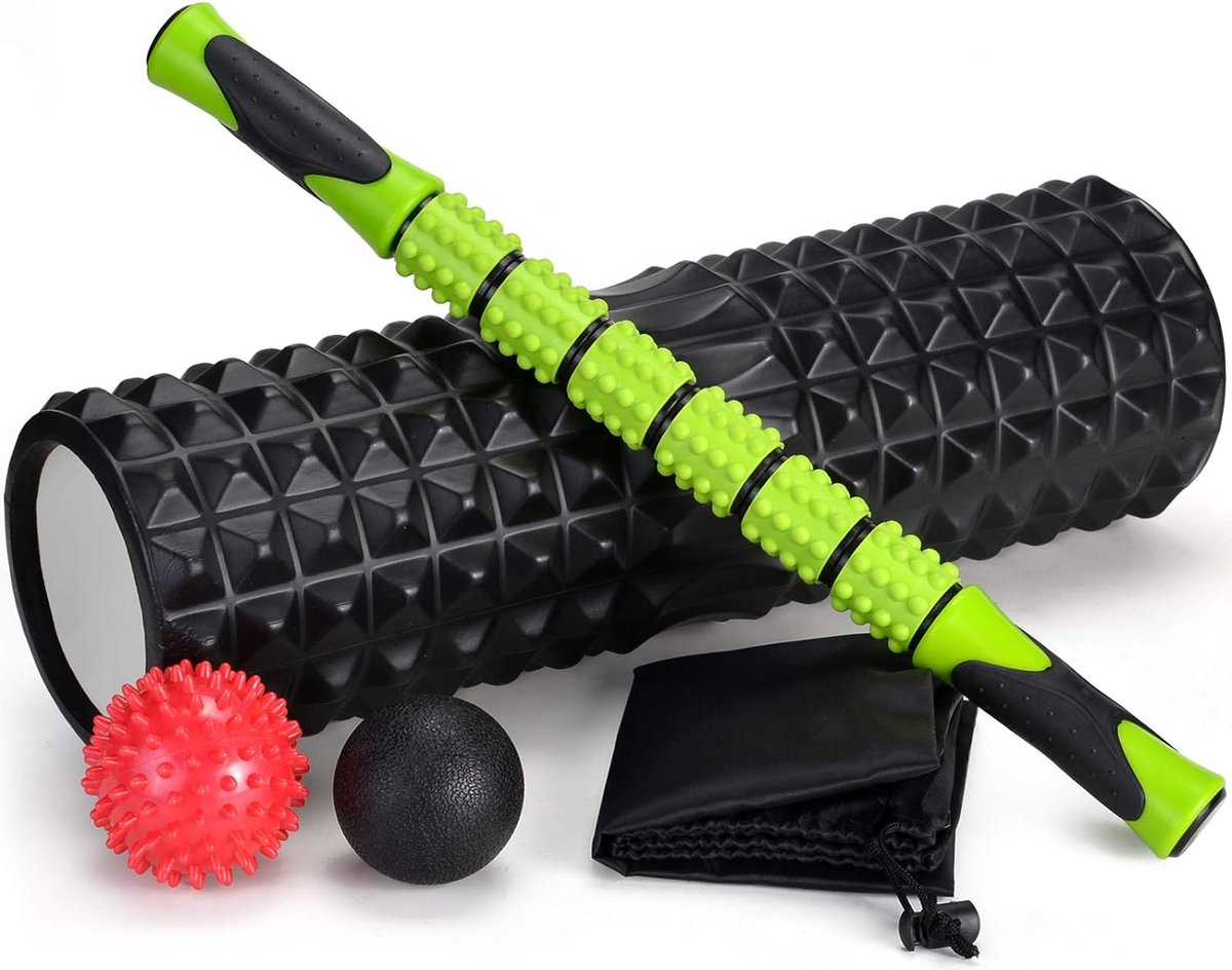 Fascia Roller Foam Roll Set, 5-in-1, met Roller Stick en Fascia Ballen, Foam Roller voor Fascia Training van Spieren, zwart.
