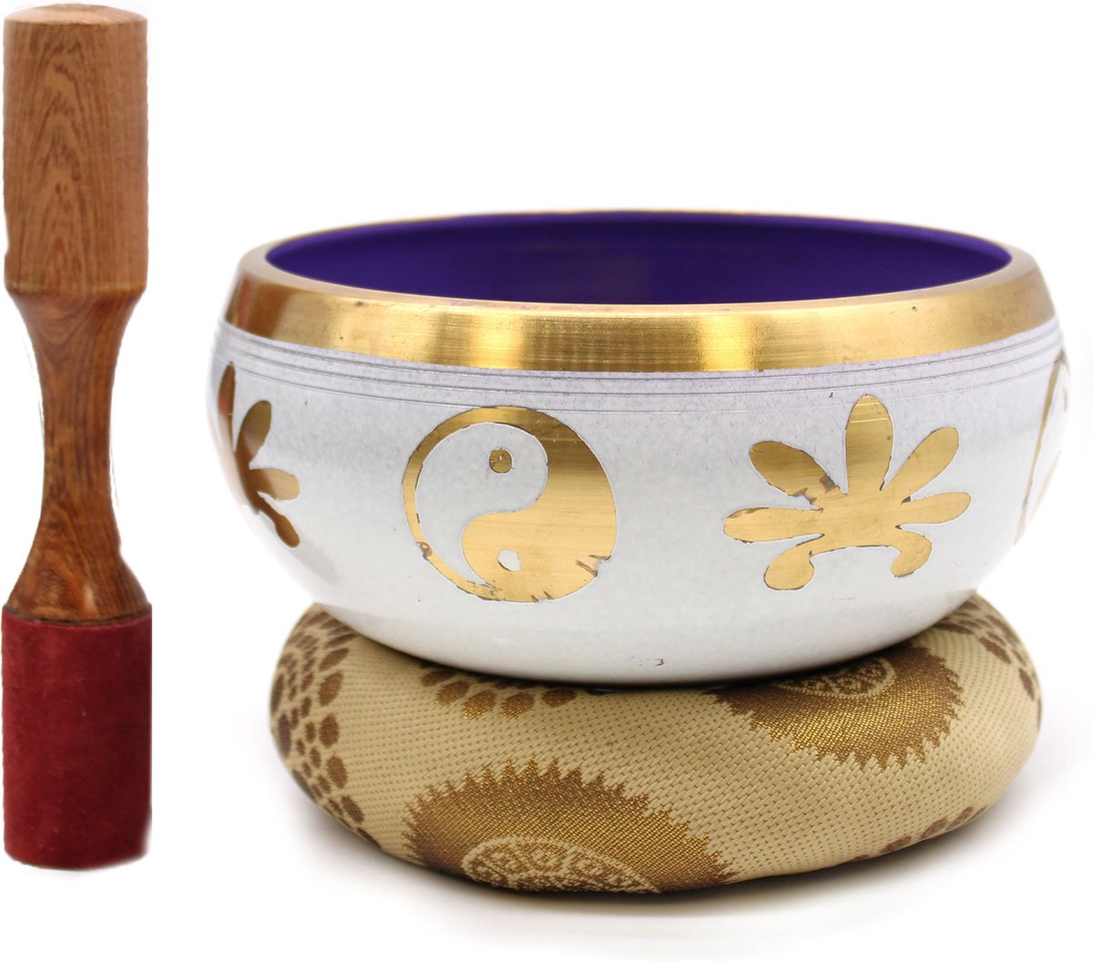 Grote Yin Yang Klankschaal Set - Wit Paars - 14cm - Singing Bowl - Klank Schaal - Meditatie Schaal met Aanstrijkhout & Kussen