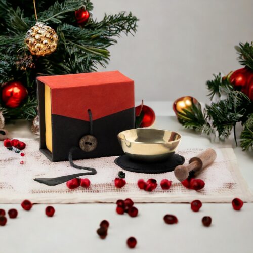 Mini klankschaal in een kleurrijke geschenkdoos, incl. zwarte pad en een houten stok (zwart/rood)